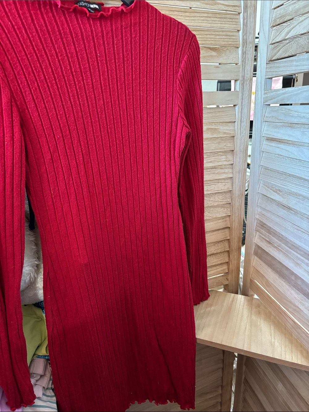 Fashion Nova Red Ribbed Long Sleeve Dress Medium